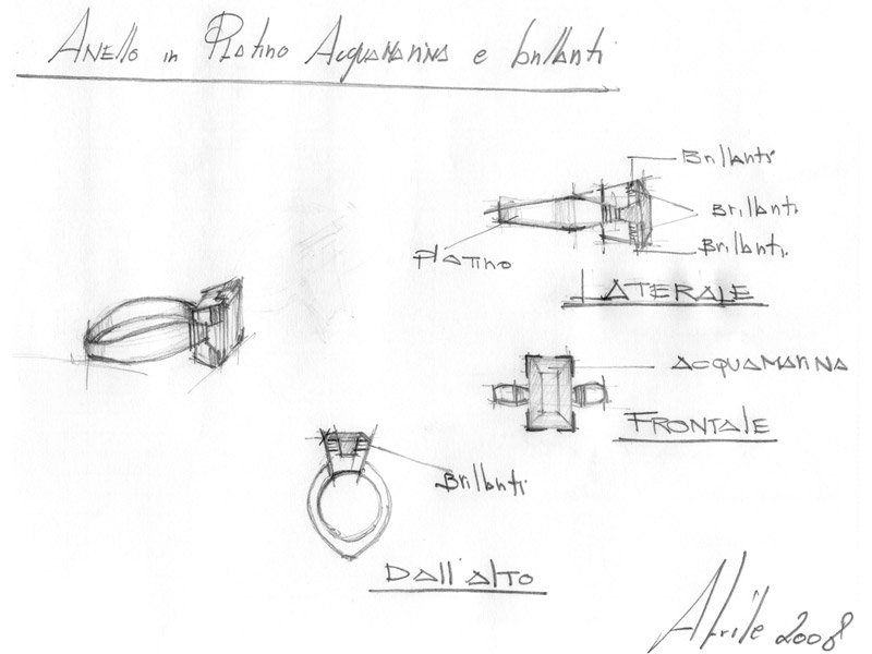 Schizzo per anello con diamante ed acquamarina